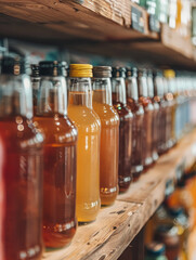 Assortment of bottled drinks on wooden shelves in a store