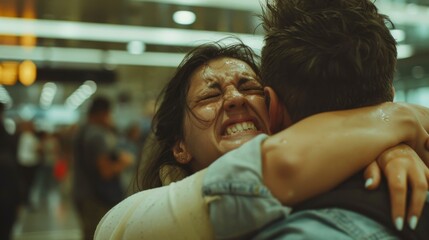 Couple embracing in a public space,  woman crying,  emotional moment.