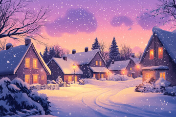 Fototapeta premium Snow falling on a road running through a cozy village with houses lit up at dusk during a christmas eve