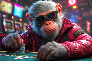 Obraz premium Animal Monkey plays poker blackjack in a casino, fantasy