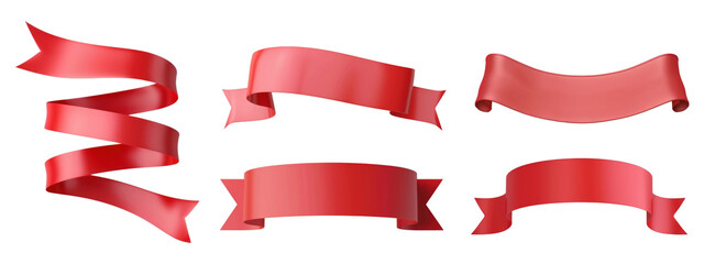 Red ribbon banner png cut out element set