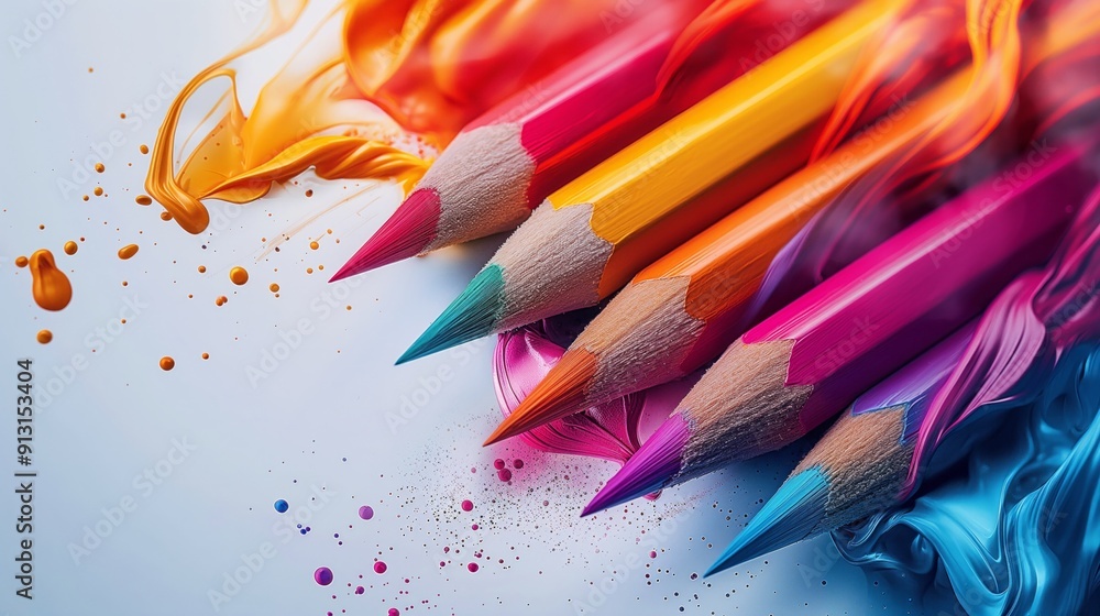 Poster vibrant colored pencils with splashes of paint creating a dynamic artistic composition.