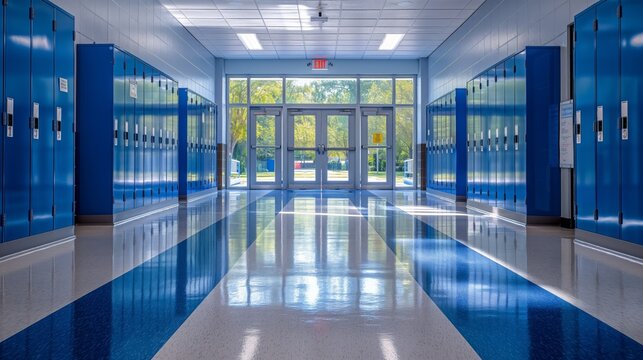 Empty school hallway with blue lockers, shiny floor, and bright light from the windows at the far end.