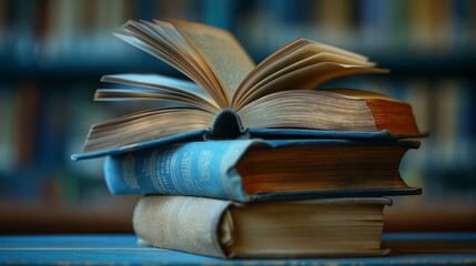 An open book on top of a stack of vintage books, capturing the essence of knowledge and intellectual curiosity.