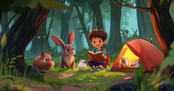 Kid in forest camp tent with animal and friends cartoon adventure illustration. Outdoor summer activity for boy group with running bunny, wild hog and skunk. Children discussion wildlife layout