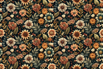 Obraz premium Seamless pattern of decorative flowers on a black background