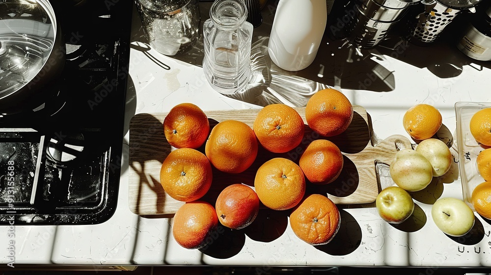 Sticker   Oranges arranged on a kitchen counter near an apple and chopped onion