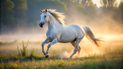 A white horse runs on the grass in a meadow in the morning fog during sunrise