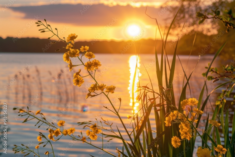 Poster the setting sun shines on the lake, and there is an ancient style grass hanging in front of it the g