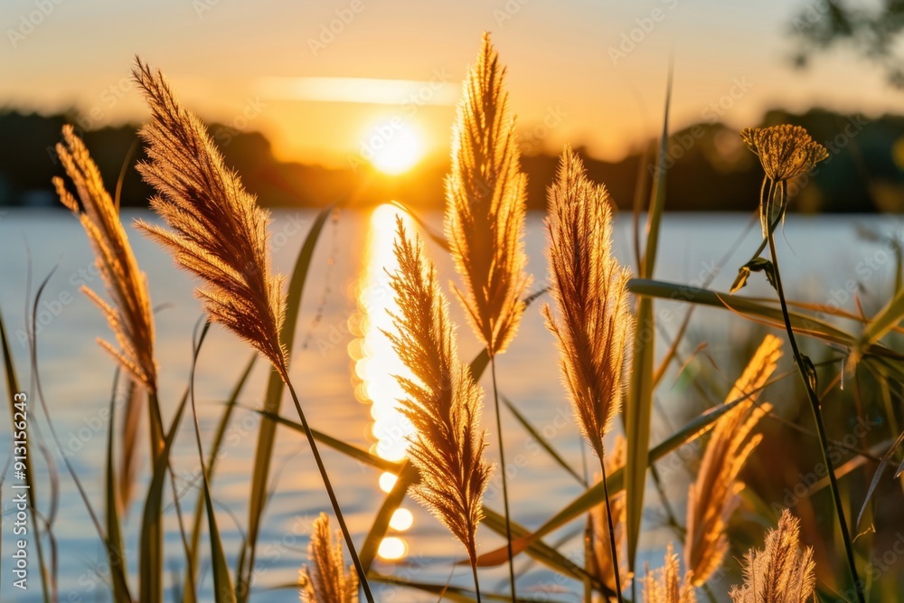 Poster the setting sun shines on the lake, and there is an ancient style grass hanging in front of it the g