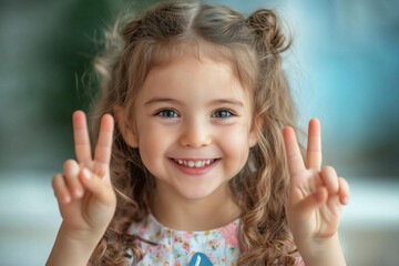 little girl with two fingers up, 4 years old, peace sign, turning four, birthday