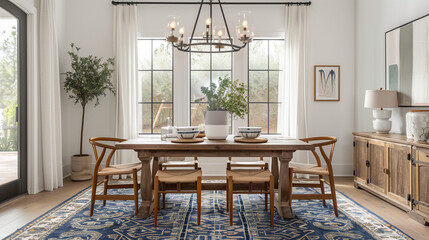A cozy, casual dining area with a patterned rug under a wooden table, creating a relaxed and inviting atmosphere.

