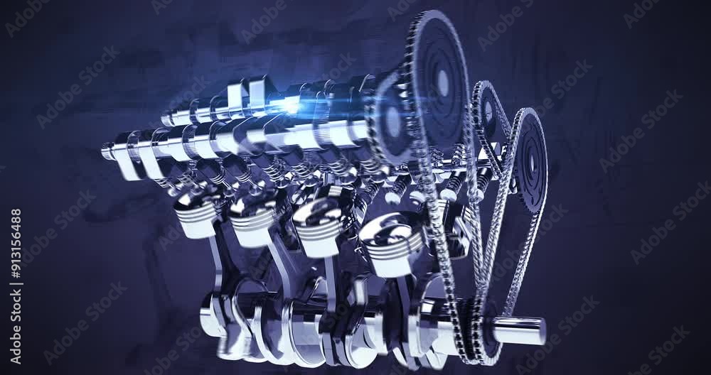 Poster 360 Degree Camera Animation Of A Powerful V8 Engine In Motion. Industry Related High Quality 3D 4K Animation.