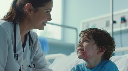 Fototapeta premium Female doctor talking to a young patient in hospital bed.