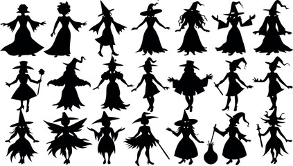 Set of silhouettes of Halloween Witches