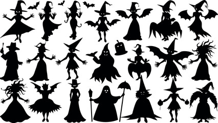 Set of silhouettes of Halloween Witches