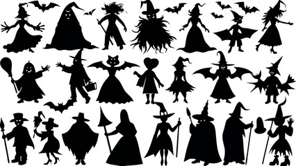 Set of silhouettes of Halloween Witches