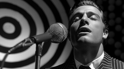Man singing passionately into a microphone with a hypnotic backdrop in black and white