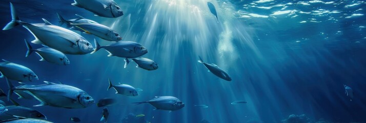 World Fisheries Day. Blue sea background with a lot of fish. Shoal of tuna in the ocean. Horizontal banner. Free space for text. World Tuna Day. World Ocean Day Fishing Day. Postcard, template
