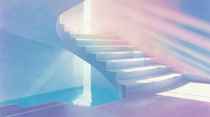 Obraz premium A staircase ascends towards a central pool within a spacious room, bathed in natural light filtering from an adjacent window
