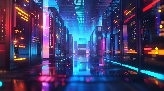 Data center with racks of servers and holographic data projections. - Powered by Adobe