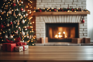 Cozy Christmas Living Room with Fireplace, Decorated Tree, and Wrapped Gift Creating a Warm Holiday Atmosphere