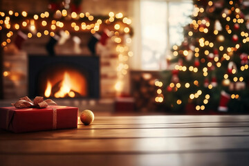 Cozy Christmas Living Room with Fireplace, Decorated Tree, and Wrapped Gift Creating a Warm Holiday Atmosphere