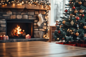 Holiday able with christmas tree and fireplace with copy space