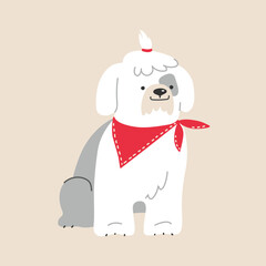 Cute cartoon Bobtail dog with a bandana on his neck. Vector illustration in flat style