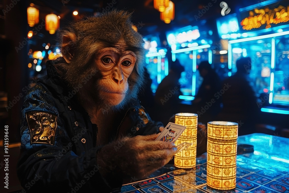 Wall mural animal monkey plays poker blackjack in a casino, fantasy