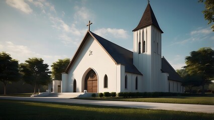 Small church exterior design, real estate church cinematic exterior front elevation of tradional church architecture design 