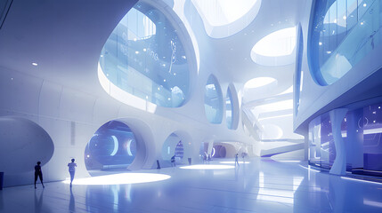 A futuristic university with virtual classrooms and AI-assisted learning.