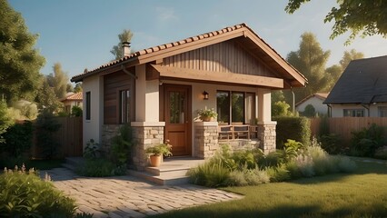 Small house exterior design with a car parking space, real estate home exterior front elevation with a lawn, bright sunny day 