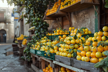 Professional food photography: Sicilian italian lemons, Femminello, Internato, Lunario, and Monachello lemons in the market. 