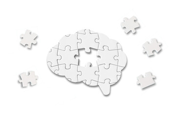 Mental health and problems with memory. A missing piece of the brain puzzle. Brain shaped white jigsaw puzzle on transparent background.