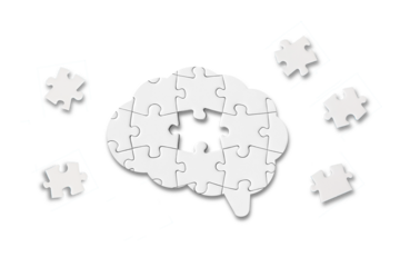 Mental health and problems with memory. A missing piece of the brain puzzle. Brain shaped white jigsaw puzzle on transparent background.
