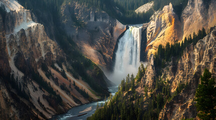 Obraz premium A grand waterfall thundering down a steep cliff face into a roaring river below.