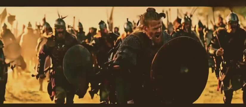 A cinematic still of  Viking soldiers  in armor charging into battle	