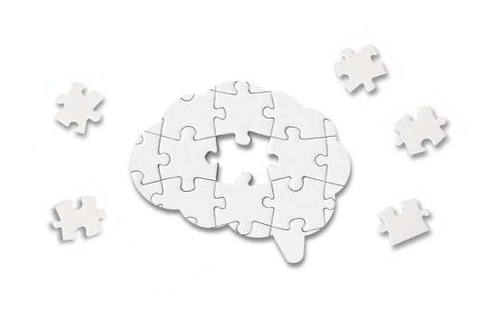 Mental health and problems with memory. A missing piece of the brain puzzle. Brain shaped white jigsaw puzzle on transparent background.