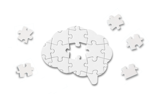 Mental health and problems with memory. A missing piece of the brain puzzle. Brain shaped white jigsaw puzzle on transparent background.