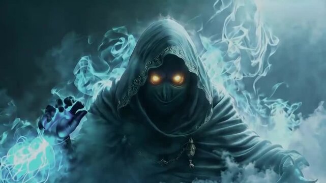 genie jinn A scary monster with glowing eyes and a hooded cape. The monster is surrounded by smoke, giving it an ominous	