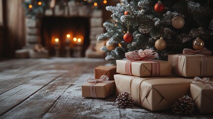 Living room with fireplace, decorated with christmas tree and christmas gift, festive, luxurious.