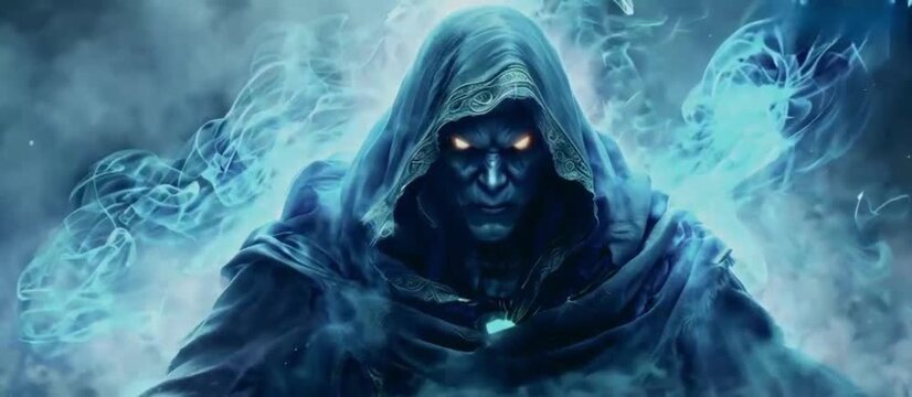 genie jinn A scary monster with glowing eyes and a hooded cape. The monster is surrounded by smoke, giving it an ominous	