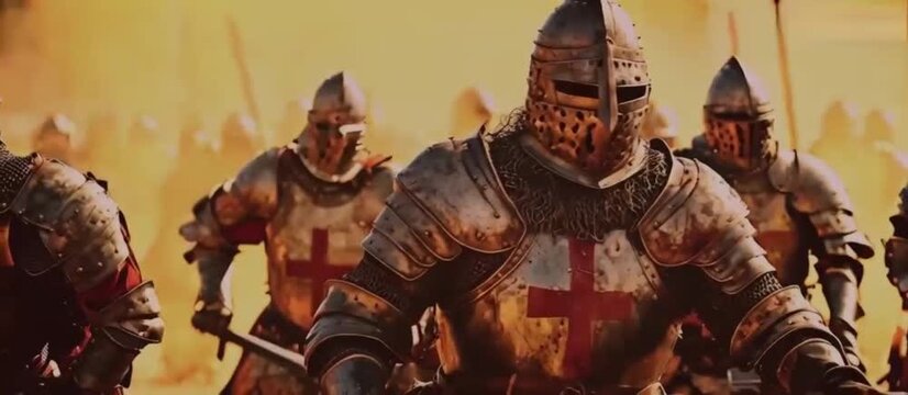 A cinematic still of medieval knights in armor charging into battle	