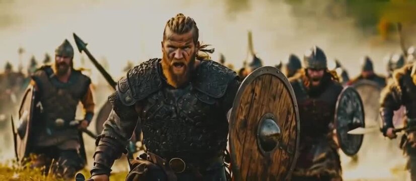 A cinematic still of  Viking soldiers  in armor charging into battle	