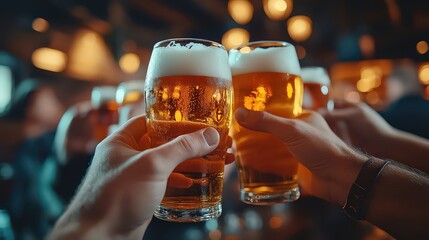  lively pub scene with patrons clinking pints of beer or cocktails, showing the social and relaxed atmosphere of a pub or bar.