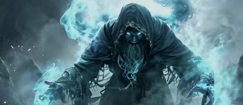 genie jinn A scary monster with glowing eyes and a hooded cape. The monster is surrounded by smoke, giving it an ominous	