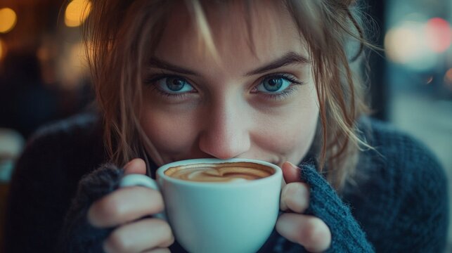 A woman is drinking coffee and smiling