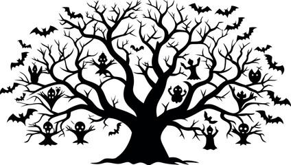 Set of silhouettes of Halloween tree
