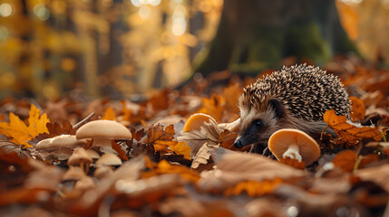 Obraz premium A hedgehog exploring a forest floor covered with fallen leaves and mushrooms.